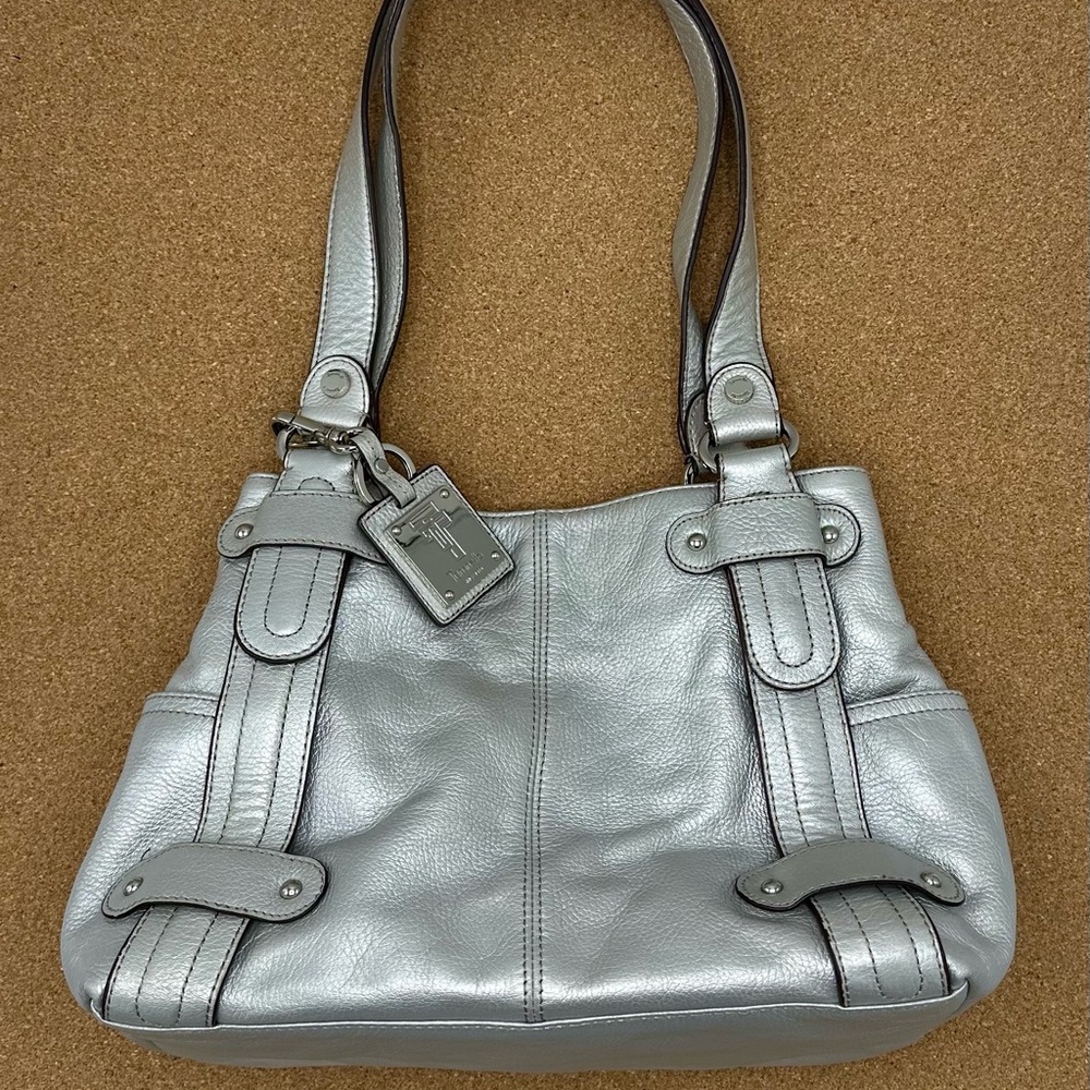 Tignanello Silver Shoulder Bag with Metallic Leather and Double Handles